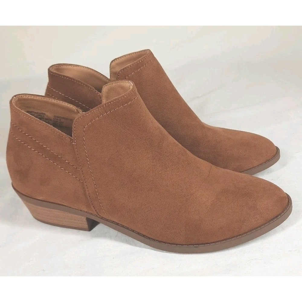 Time And Tru Boots Womens 9 Casual Side Zip Ankle Bootie Brown Fabric Low Heels